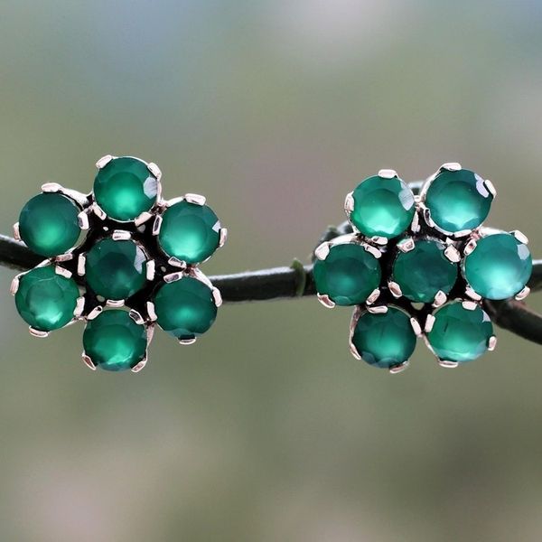 Alternate image for Hand Crafted Onyx and Sterling Silver Floral Button Earrings Green Blossom