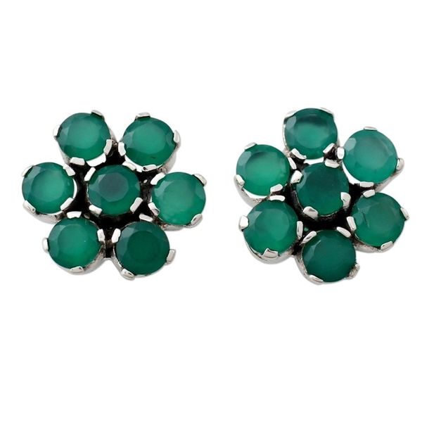 Alternate image for Hand Crafted Onyx and Sterling Silver Floral Button Earrings Green Blossom