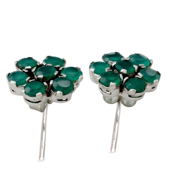 Alternate image for Hand Crafted Onyx and Sterling Silver Floral Button Earrings Green Blossom