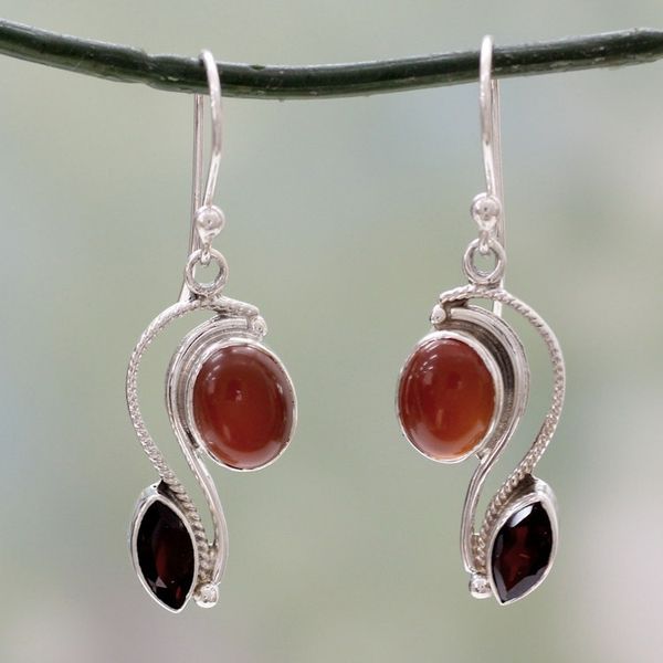 Alternate image for Silver Handcrafted Carnelian and Garnet Earrings from India Colorful Curves