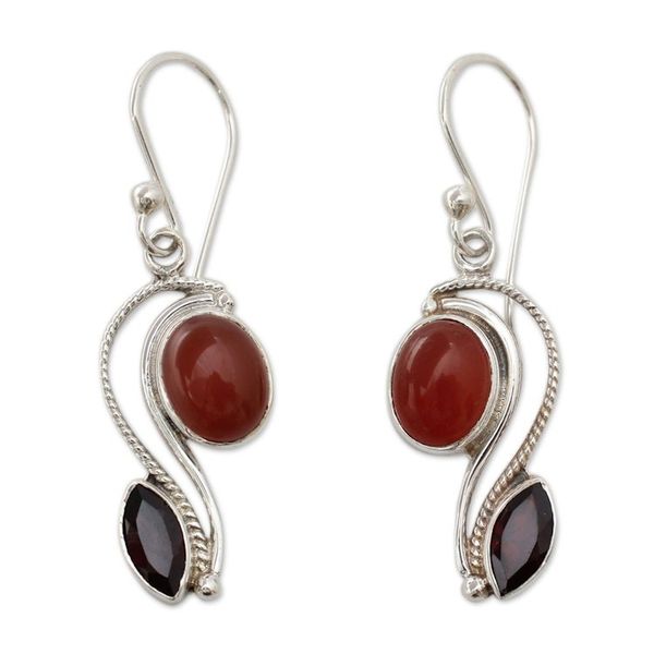 Alternate image for Silver Handcrafted Carnelian and Garnet Earrings from India Colorful Curves