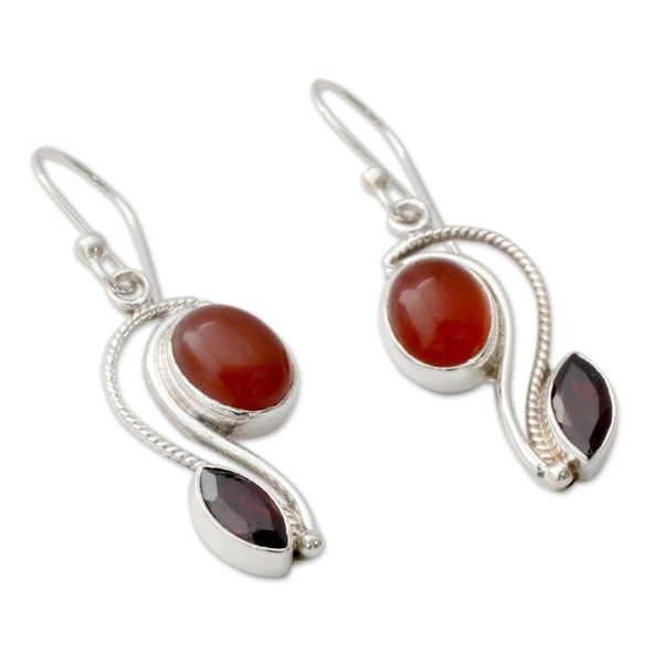 Alternate image for Silver Handcrafted Carnelian and Garnet Earrings from India Colorful Curves