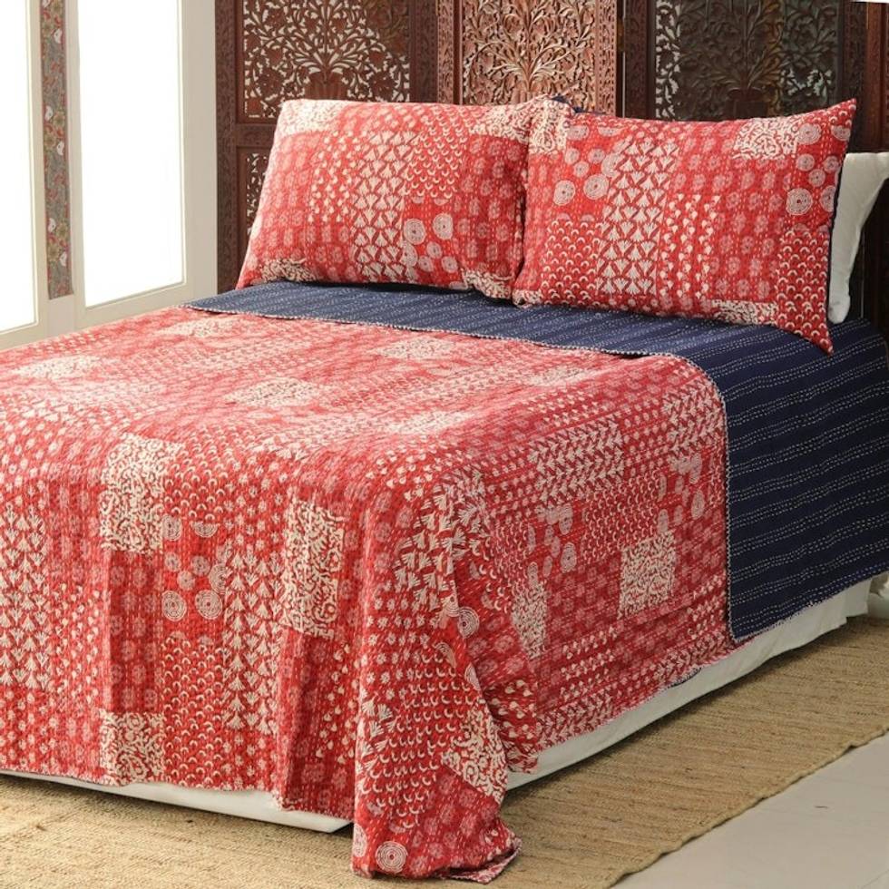 Red Kantha Stitch Cotton Bedding Set from India 3 Pcs 'Kantha Charm in Red'
