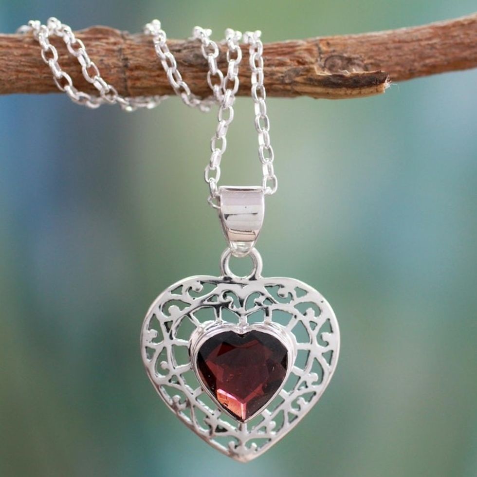 Garnet and Silver Heart Pendant Necklace 'Mughal Romance'