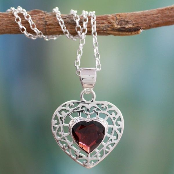 Alternate image for Garnet and Silver Heart Pendant Necklace Mughal Romance