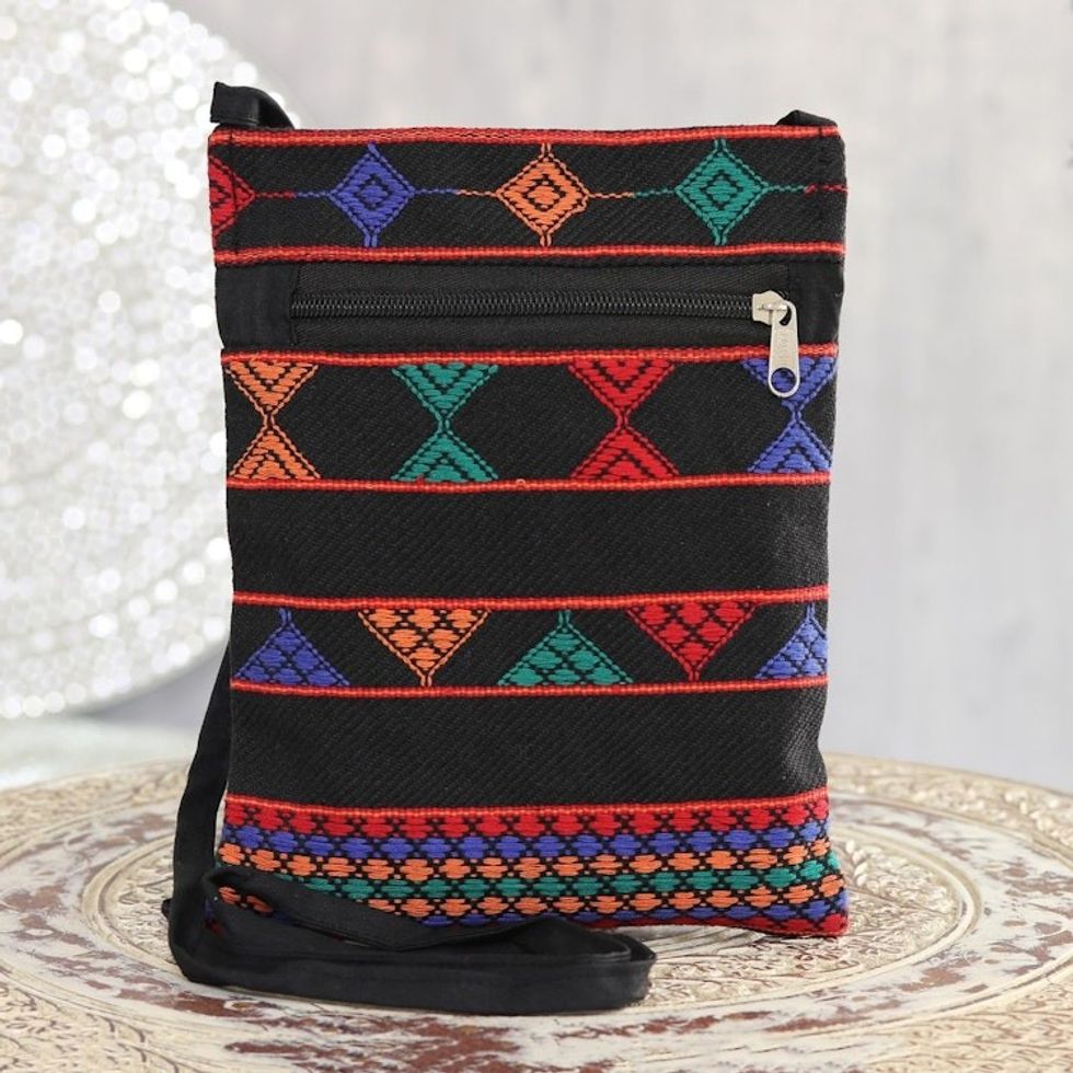 Geometric Cotton Sling in Black and Multicolor from India 'Geometric Pattu'