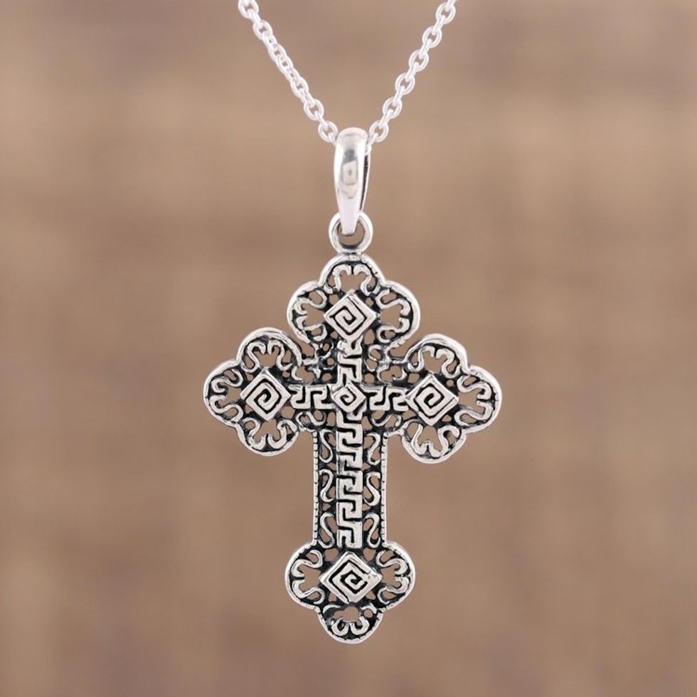 Greek Key Motif Sterling Silver Cross Pendant Necklace 'Key to Heaven'