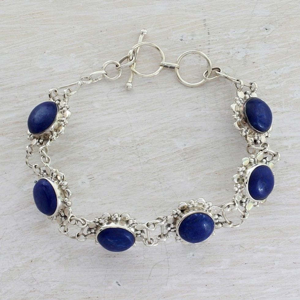 Sterling Silver Lapis Lazuli Link Bracelet from India 'Nighttime Glamour'