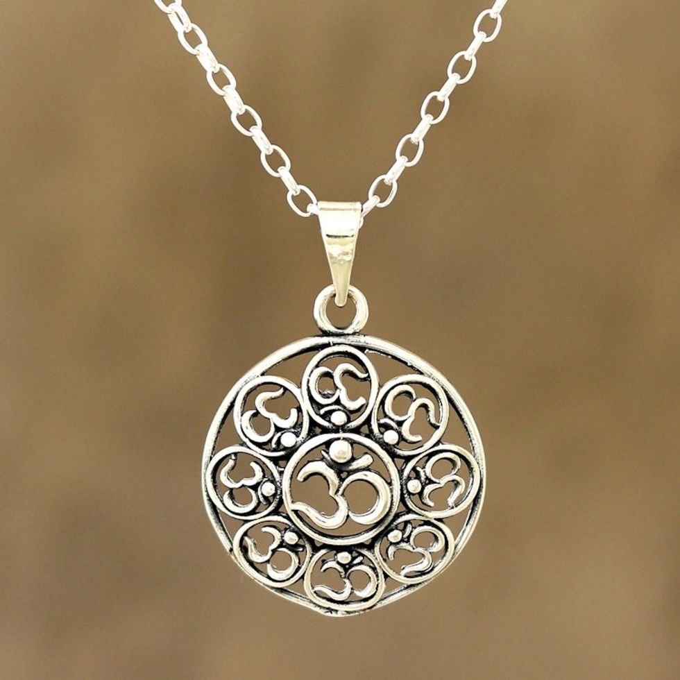 Om Motif Sterling Silver Pendant Necklace from India 'Eternal Peace'