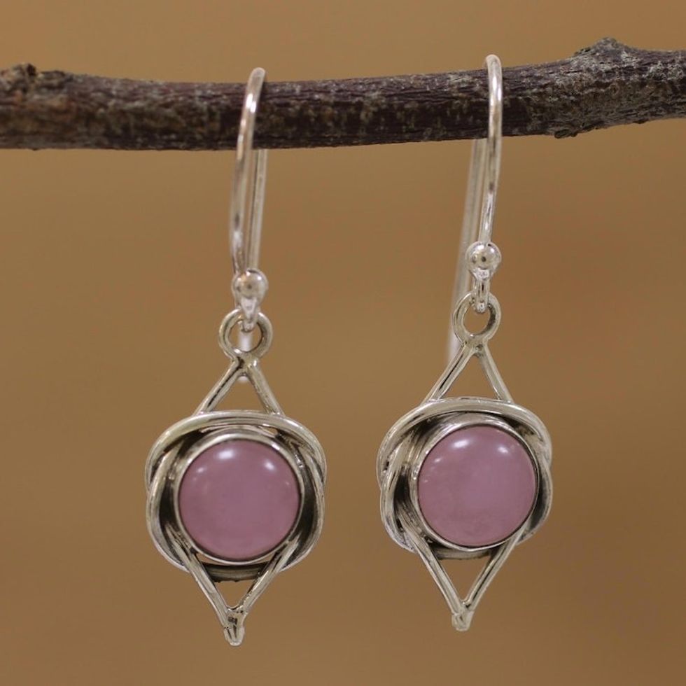 Indian Pink Chalcedony and Sterling Silver Dangle Earrings 'Intricate Twirl in Pink'