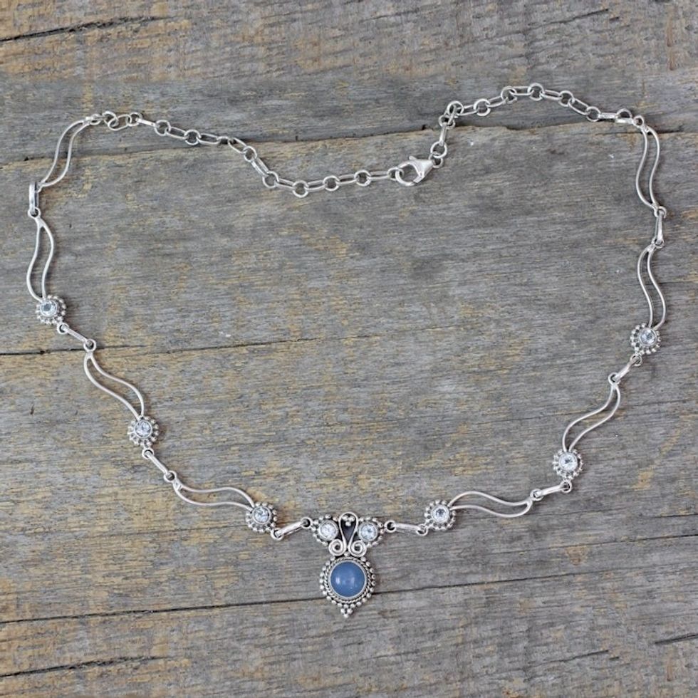 Blue Topaz and Chalcedony Silver Pendant Necklace 'Celestial Trail'
