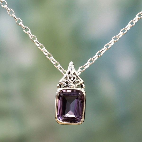 Alternate image for Hand Made Faceted Amethyst Pendant Necklace from India Indian Grace in Purple
