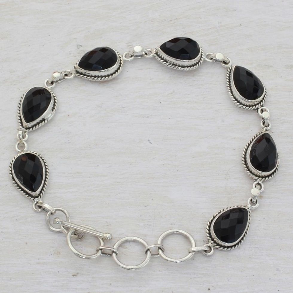 Black Onyx and Sterling Silver Link Bracelet from India 'Caressing Rain in Black'