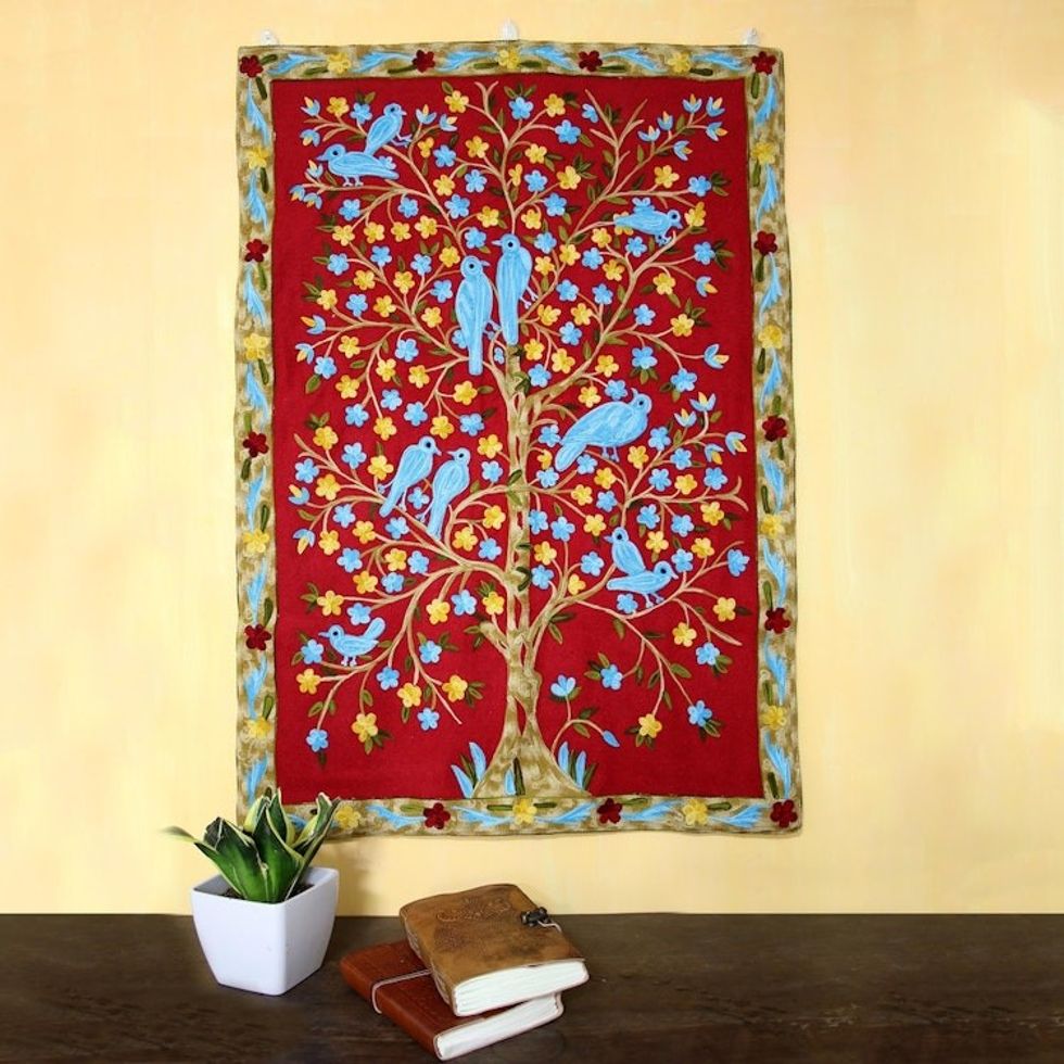 Bird-Themed Wool Chain Stitch Tapestry from India 'Abode of Birds II'