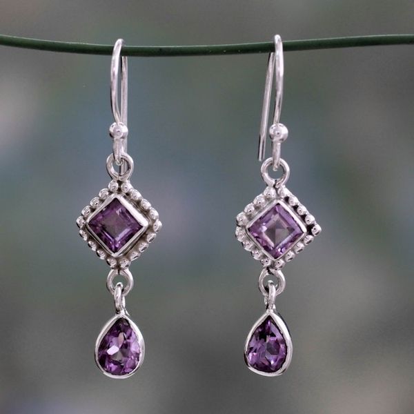 Alternate image for Artisan Crafted Sterling Silver and Amethyst Earrings Purple Spark