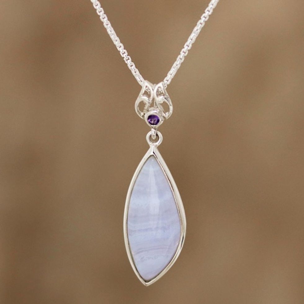 Agate and Amethyst Pendant Necklace from India 'Lacy Blue'