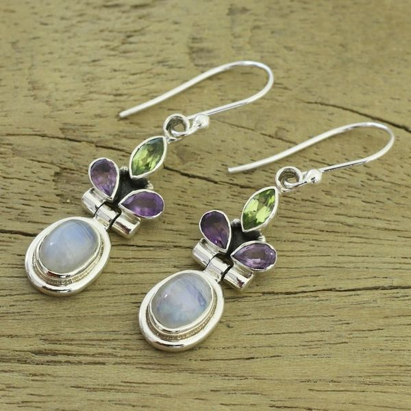 Alternate image for Rainbow Moonstone, Amethyst and Peridot Earrings from India Eternal Charisma
