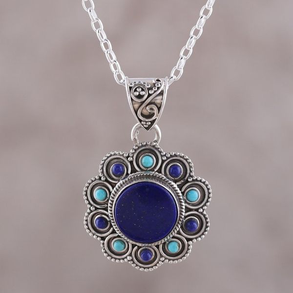 Alternate image for Lapis Lazuli and Composite Turquoise Flower Pendant Necklace Magical Bloom