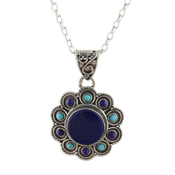 Alternate image for Lapis Lazuli and Composite Turquoise Flower Pendant Necklace Magical Bloom