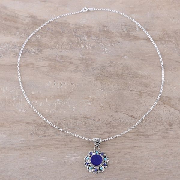 Alternate image for Lapis Lazuli and Composite Turquoise Flower Pendant Necklace Magical Bloom