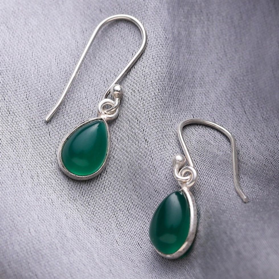 Green Onyx and Sterling Silver Teardrop Dangle Earrings 'Gentle Tear in Green'