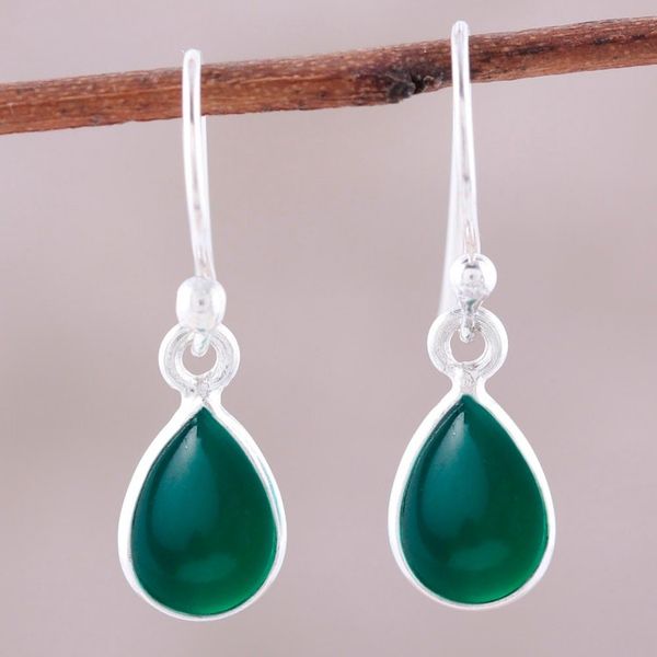 Alternate image for Green Onyx and Sterling Silver Teardrop Dangle Earrings Gentle Tear in Green