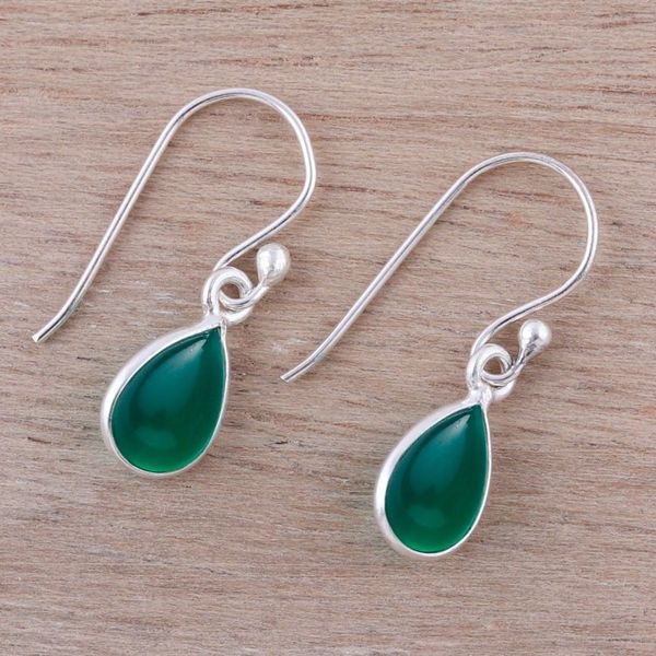 Alternate image for Green Onyx and Sterling Silver Teardrop Dangle Earrings Gentle Tear in Green