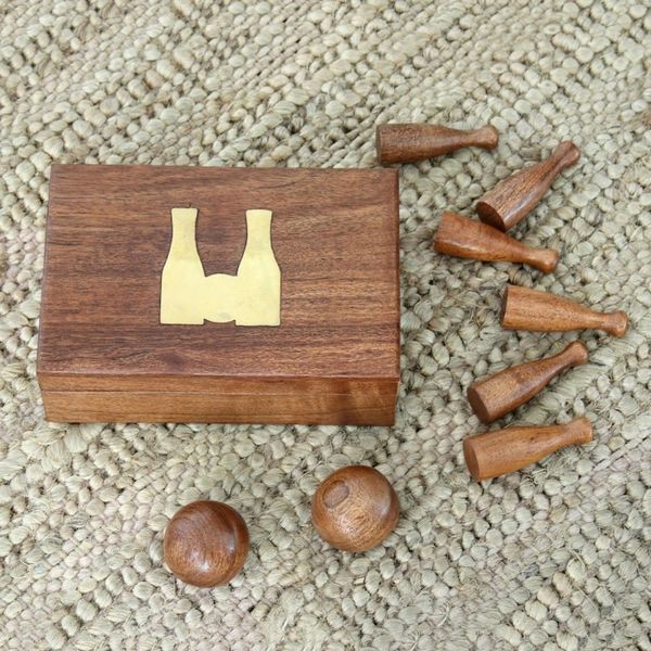 Alternate image for Handcrafted Acacia Wood Bowling Game from India Strike or Spare