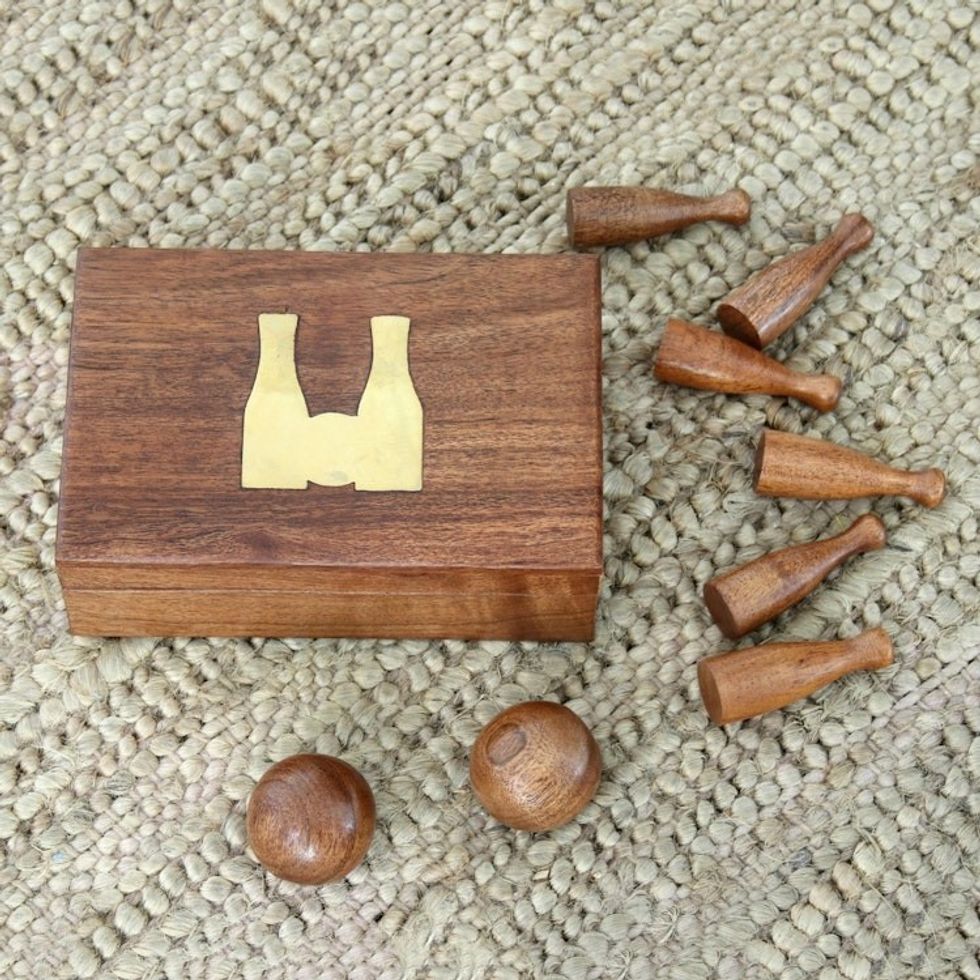 Handcrafted Acacia Wood Bowling Game from India 'Strike or Spare'