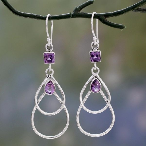 Alternate image for Contemporary Sterling Silver Earrings with Amethysts Purple Ice