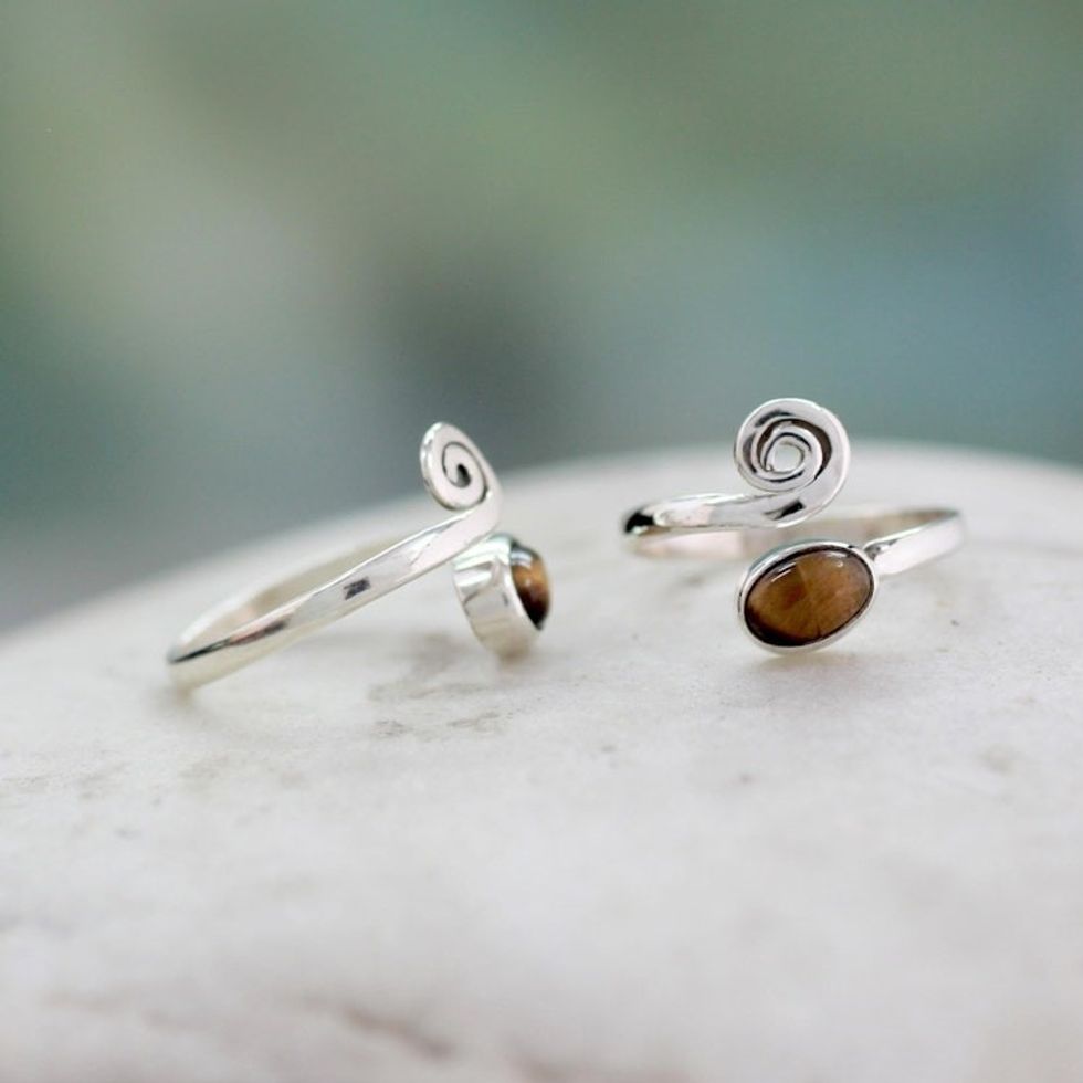 Tiger's Eye Sterling Silver Toe Rings from India Pair 'Insight'