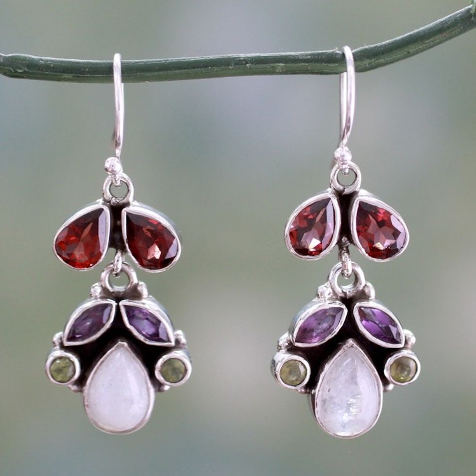 Sterling Silver and Multigem Earrings from India 'Rainbow'