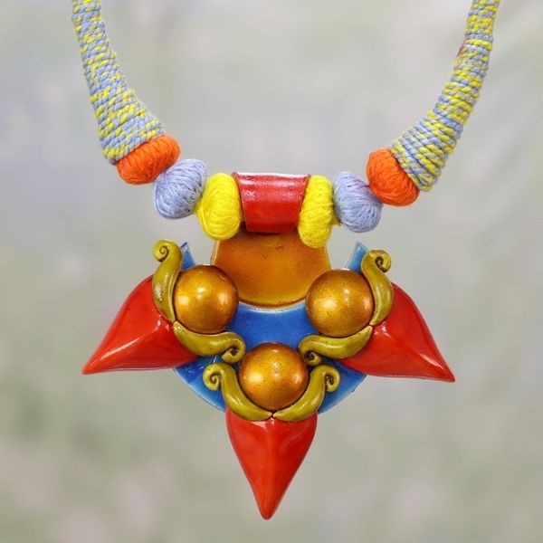 Alternate image for Colorful Ceramic and Cotton Pendant Necklace form India Shivas Trident