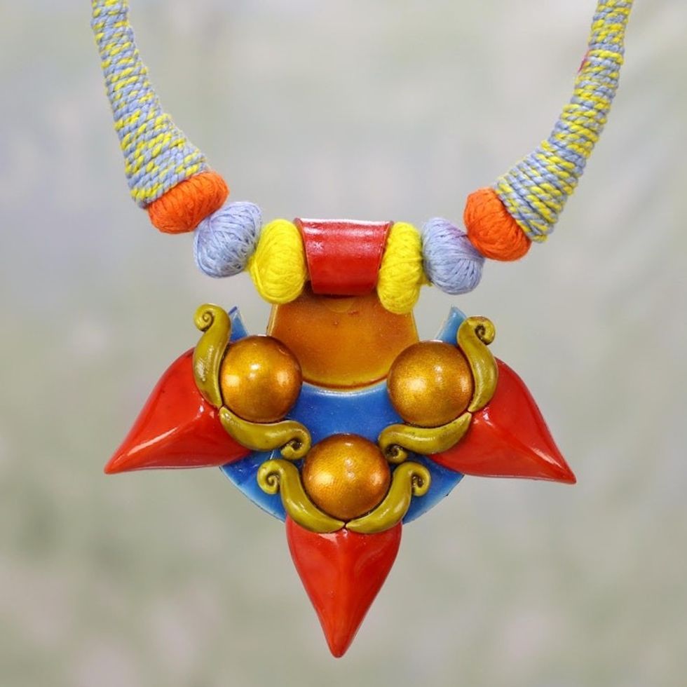 Colorful Ceramic and Cotton Pendant Necklace form India 'Shiva's Trident'