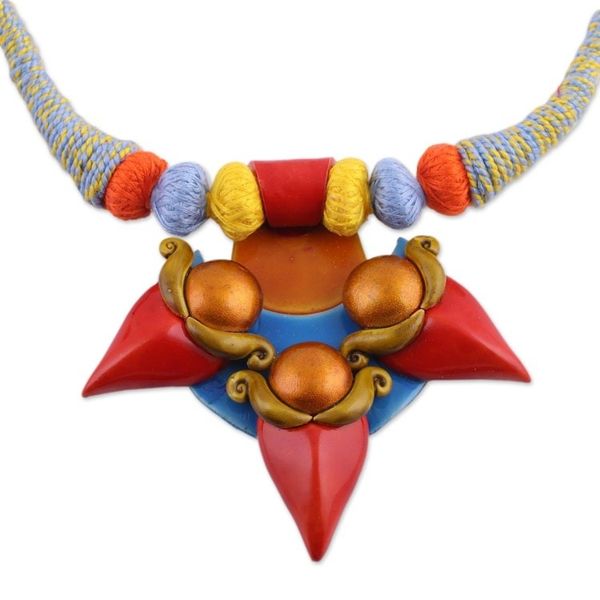 Alternate image for Colorful Ceramic and Cotton Pendant Necklace form India Shivas Trident