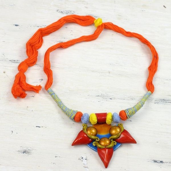Alternate image for Colorful Ceramic and Cotton Pendant Necklace form India Shivas Trident