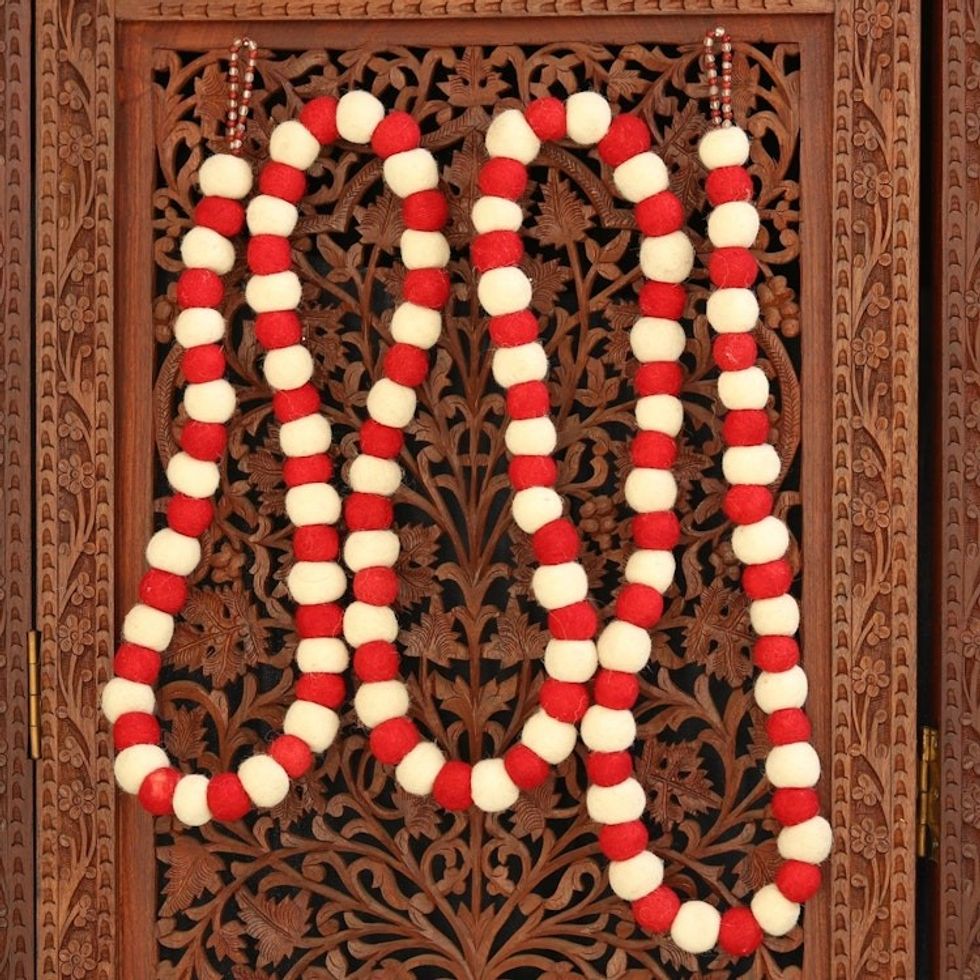 Red and White Handmade Felt Holiday Garland 'Candy Cane Pompoms'