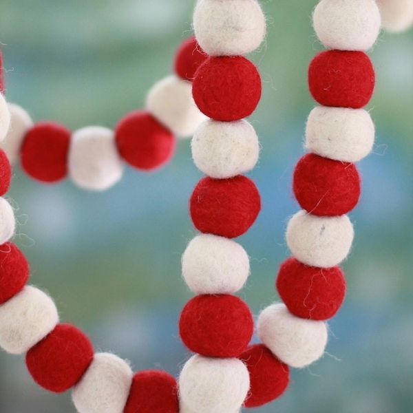 Alternate image for Red and White Handmade Felt Holiday Garland Candy Cane Pompoms