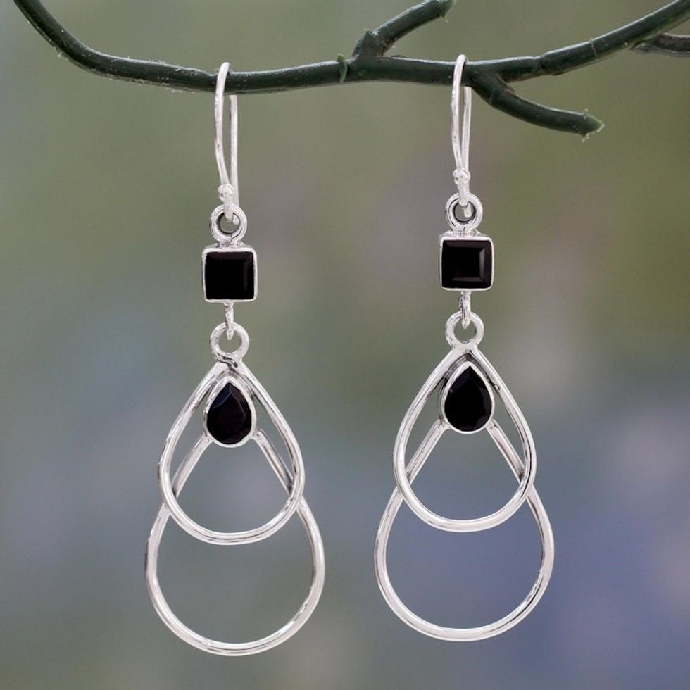 Onyx Dangle Style Earrings Set in Polished Sterling Silver 'Black Ice'