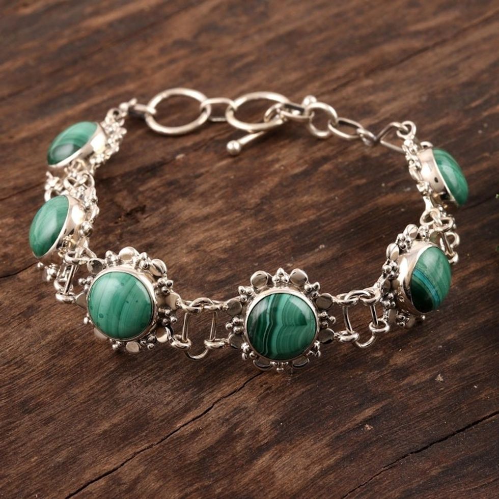 Floral Sterling Silver and Malachite Bracelet from India 'Mystical Blooms'