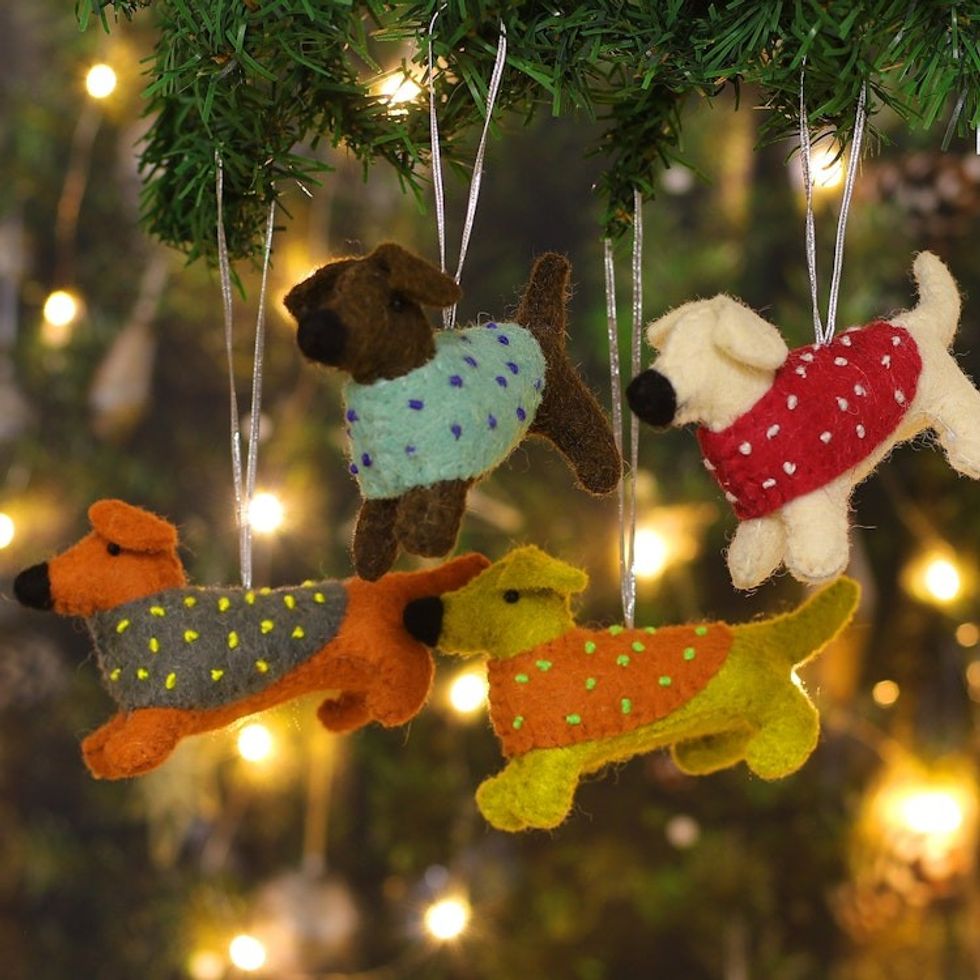 Set of 4 Handcrafted Dog-Shaped Wool Felt Ornaments 'Festive Puppies'