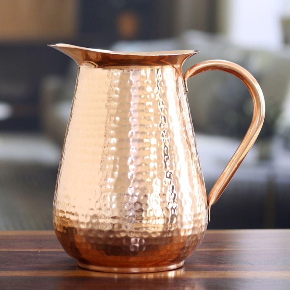 Polished Copper Pitcher with a Hammered Finish from India 'Traditional Allure'