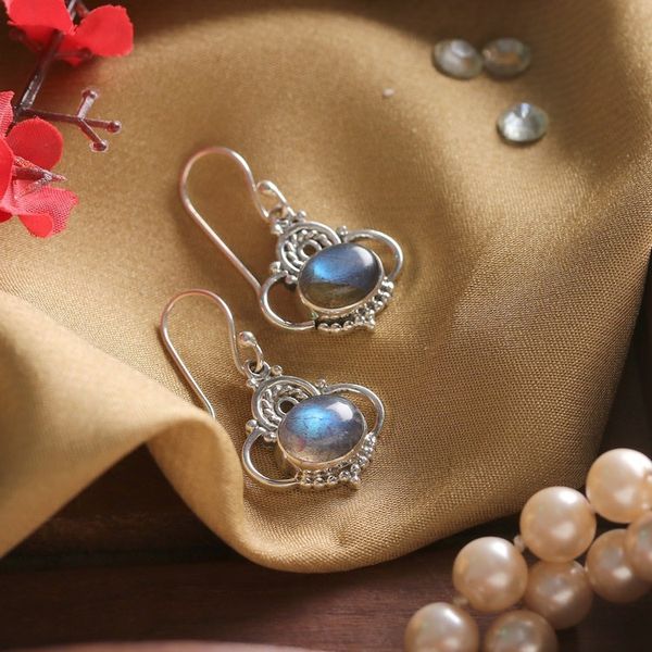 Alternate image for Classic Indian-Made Natural Labradorite Dangle Earrings Mystic Grandeur