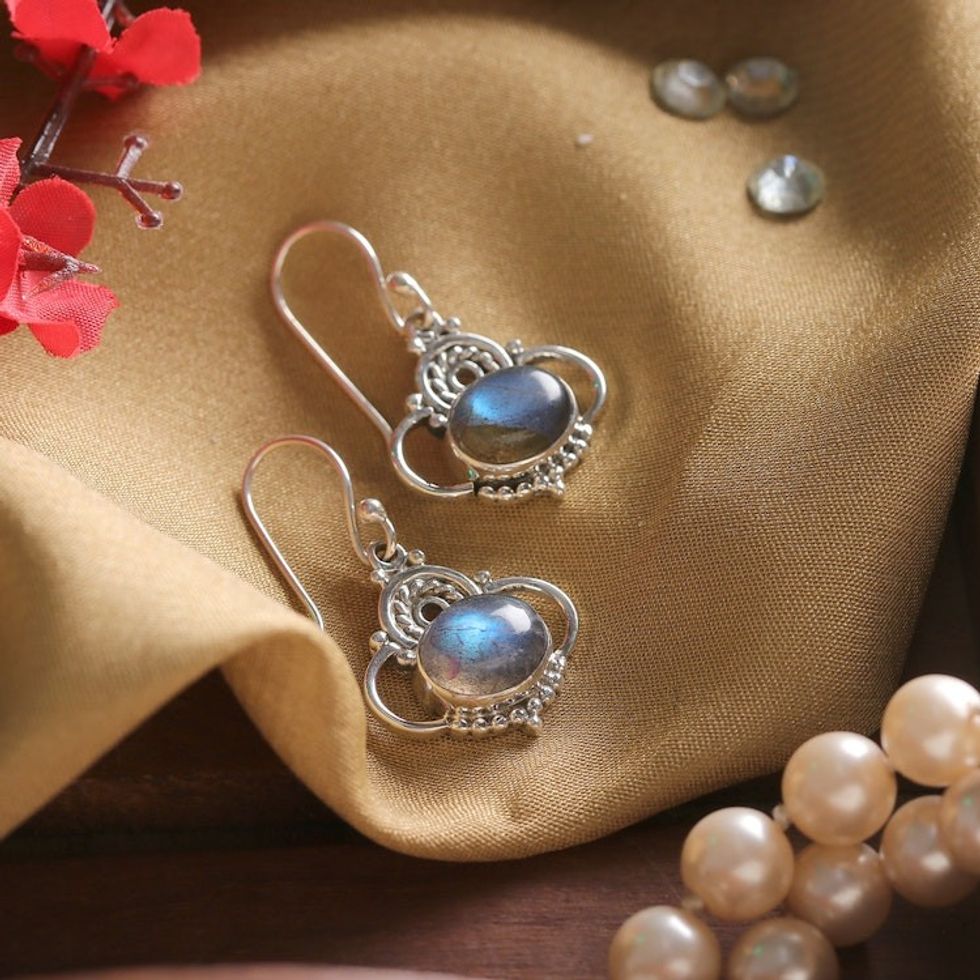 Classic Indian-Made Natural Labradorite Dangle Earrings 'Mystic Grandeur'