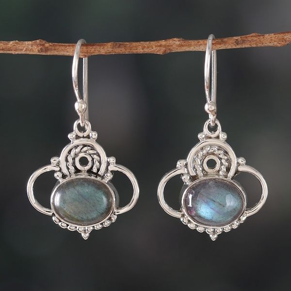 Alternate image for Classic Indian-Made Natural Labradorite Dangle Earrings Mystic Grandeur