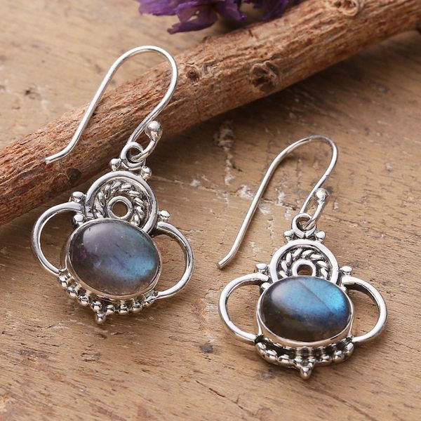 Alternate image for Classic Indian-Made Natural Labradorite Dangle Earrings Mystic Grandeur