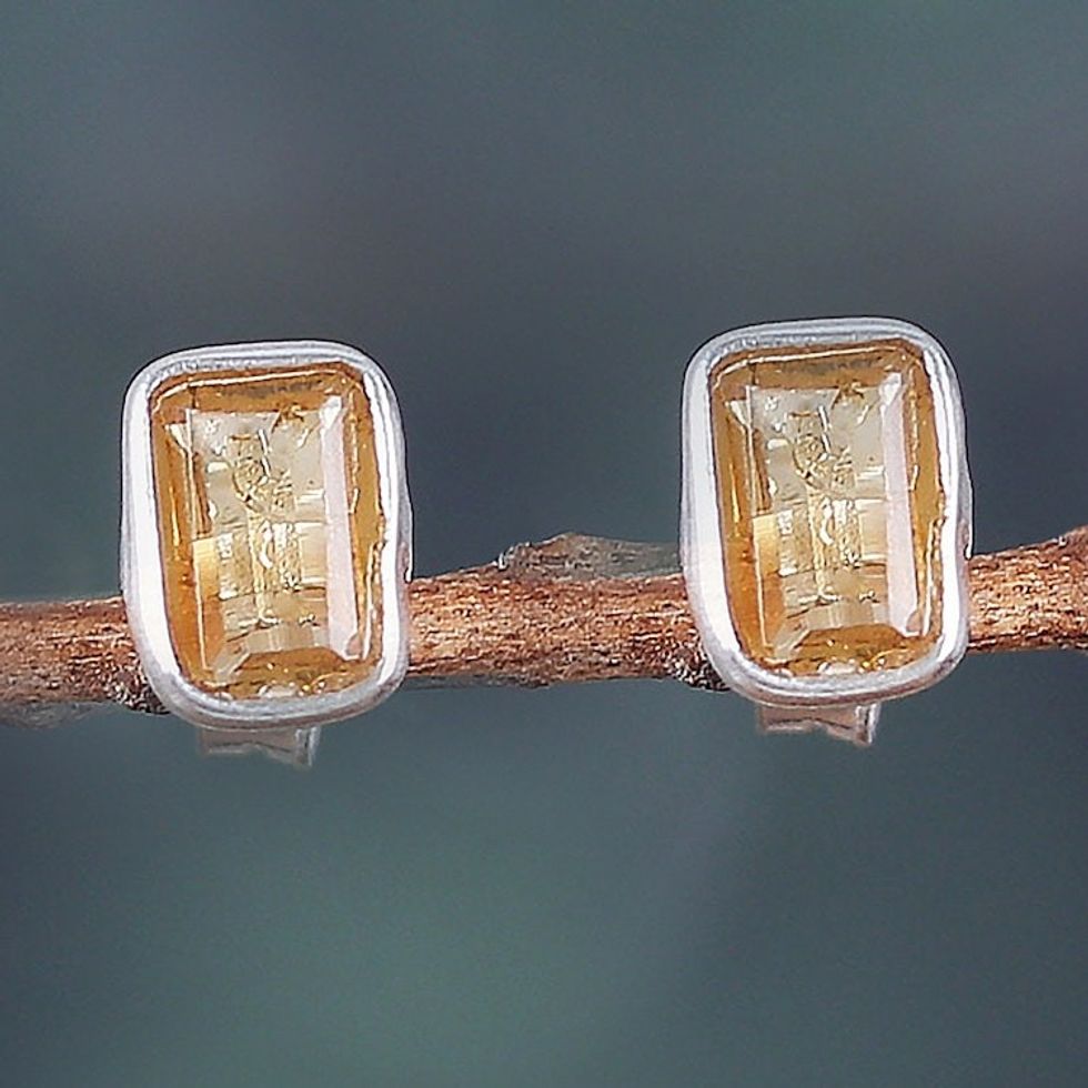 Sterling Silver Stud Earrings with Citrine Gemstone 'Subtle Flair'