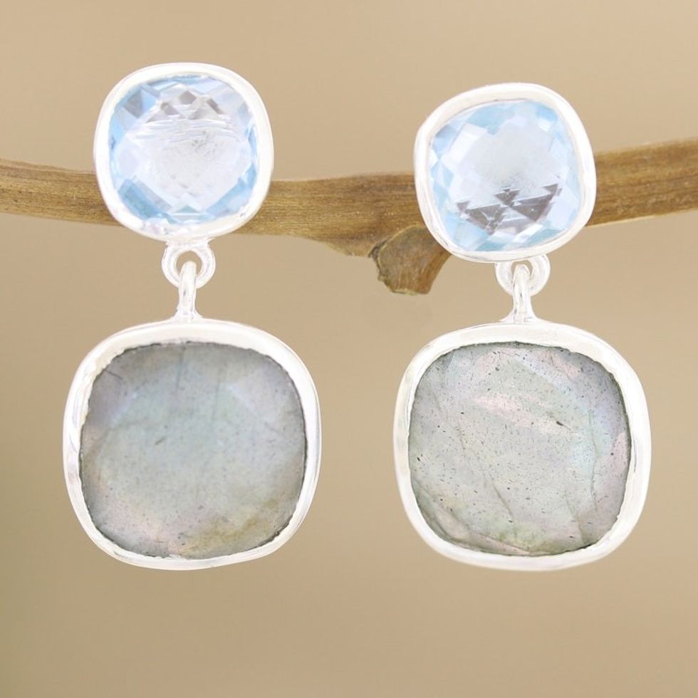 Blue Topaz and Labradorite Dangle Earrings from India 'Falling Skies'