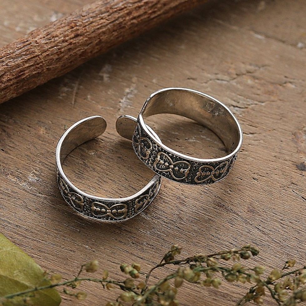 Pair of Polished and Oxidized Butterfly Toe Rings from India 'Butterfly Joy'