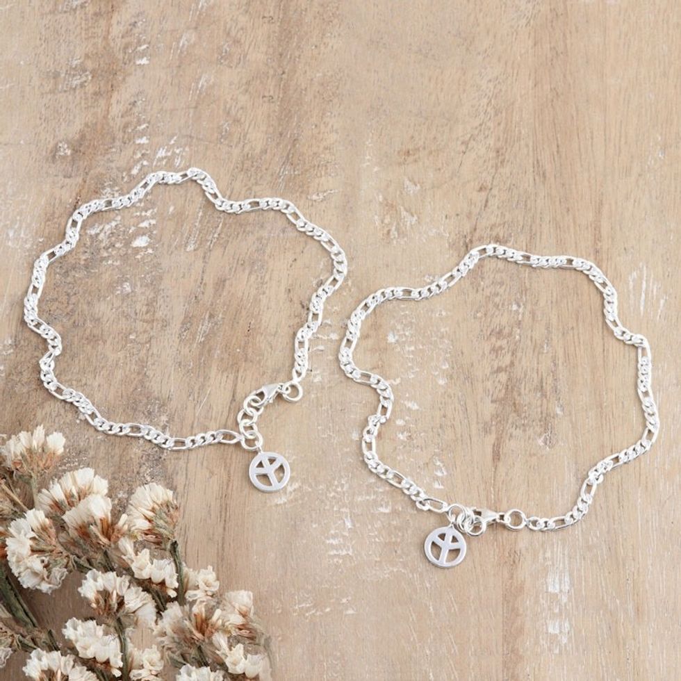 Pair of Peace Sterling Silver Anklets from India 'Peaceful Nobility'